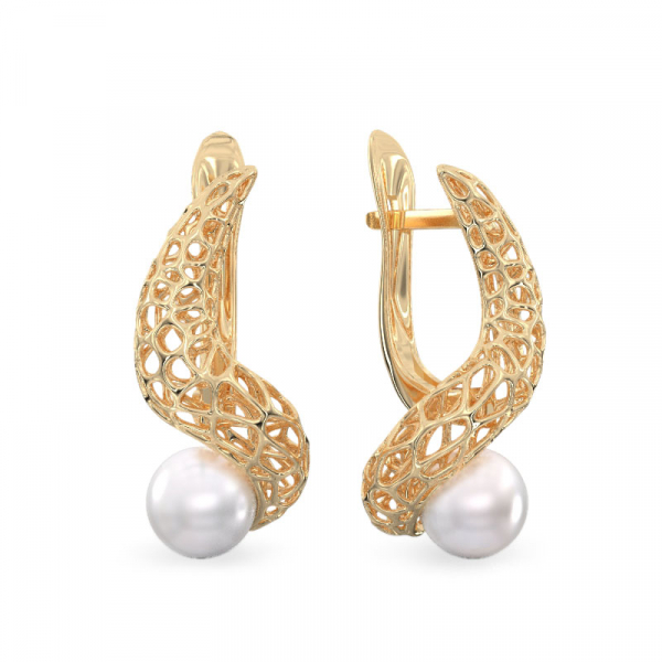 Yellow Gold Earrings Snake with Pearl 