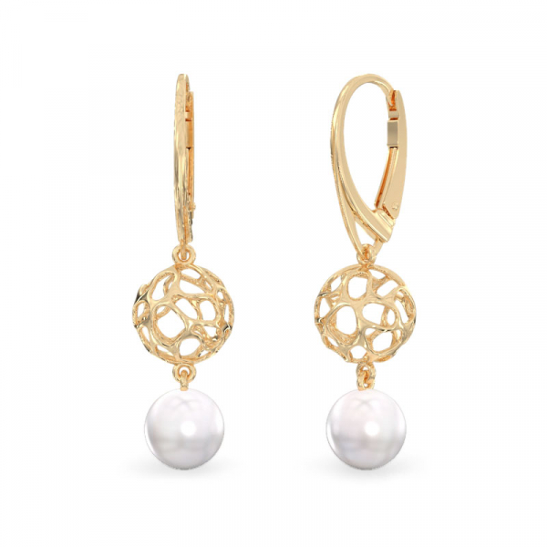 Coral Sphere With Pearl Earrings From Yellow Gold