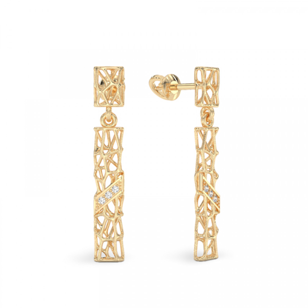 Coral Sticks With Stones Earrings From Yellow Gold