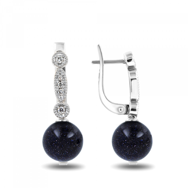 Gold Earrings With  Blue Aventurine and Diamonds