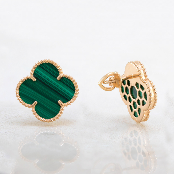 Gold Earrings Clover With Malachite